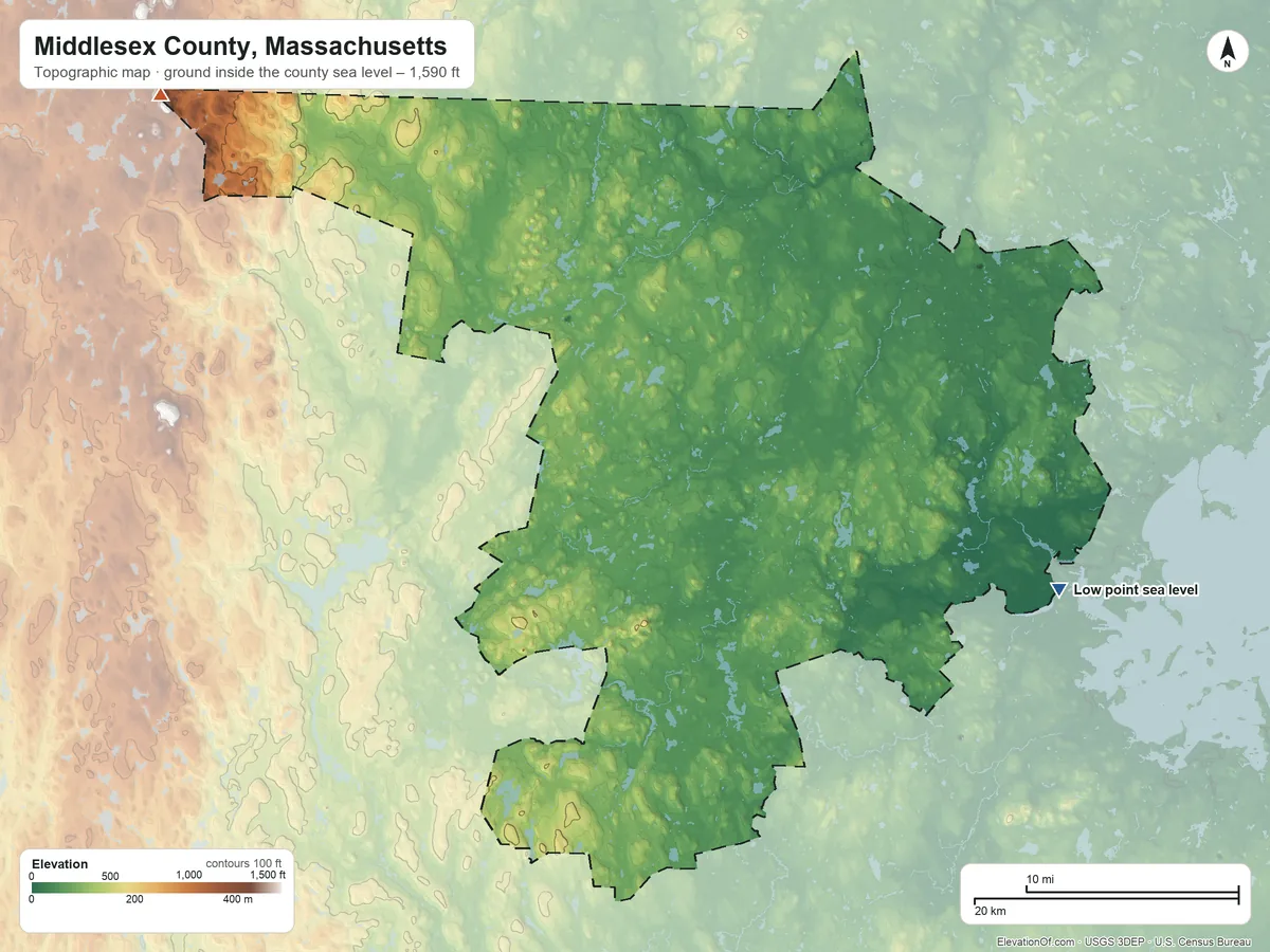 Topographic elevation map of Middlesex County, Massachusetts, shaded from sea level on Boston Harbor to 1,590 ft on the northwest side