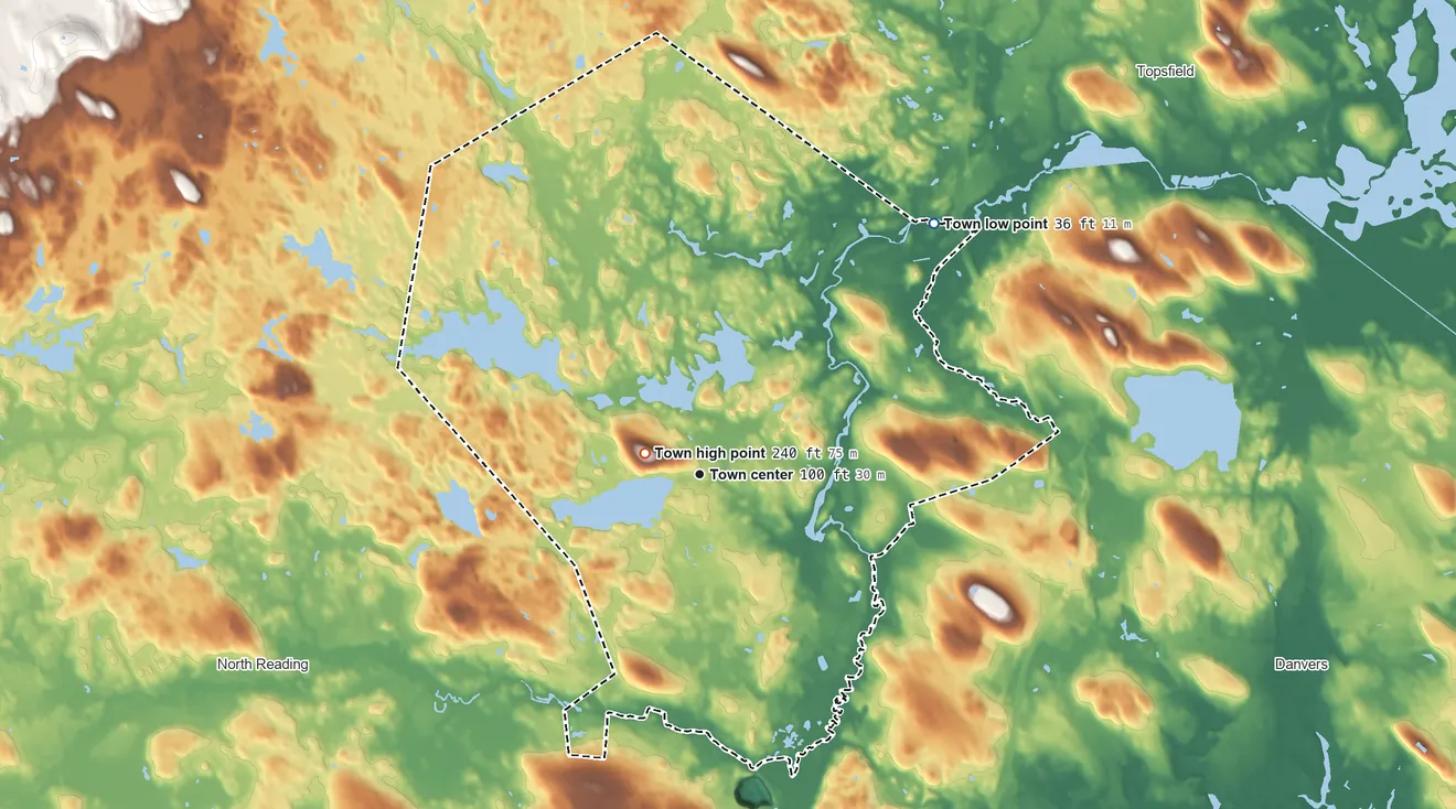 Topographic elevation map of Middleton, Massachusetts, shaded from 36 ft on the northeast side to 240 ft on Wills Hill