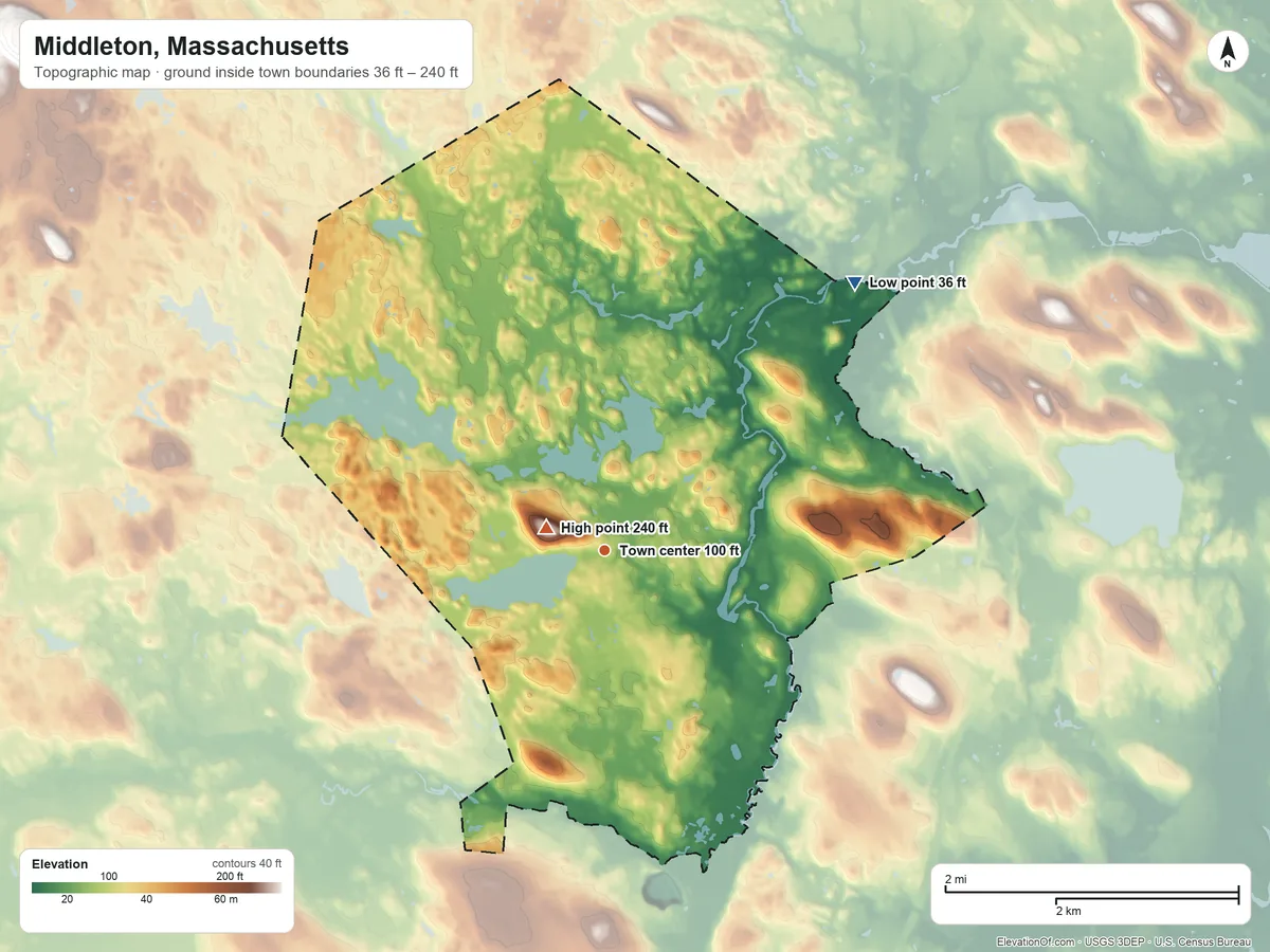 Topographic elevation map of Middleton, Massachusetts, shaded from 36 ft on the northeast side to 240 ft on Wills Hill