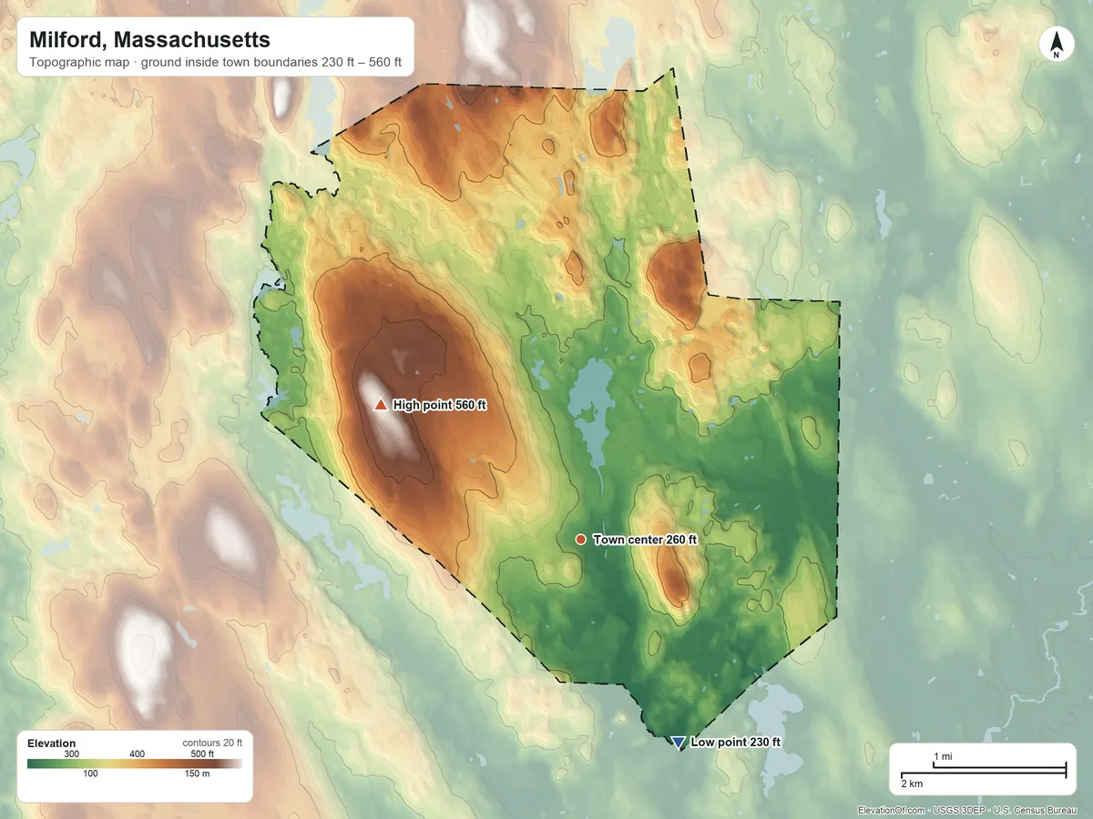 Topographic elevation map of Milford, Massachusetts, shaded from 230 ft on the southeast side to 560 ft on Magomiscock Hill