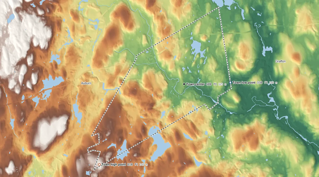 Topographic elevation map of Millbury, Massachusetts, shaded from 330 ft on the east side to 810 ft on the southwest side