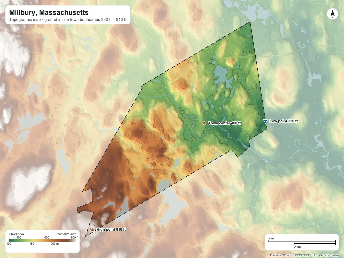 Topographic elevation map of Millbury, Massachusetts, shaded from 330 ft on the east side to 810 ft on the southwest side