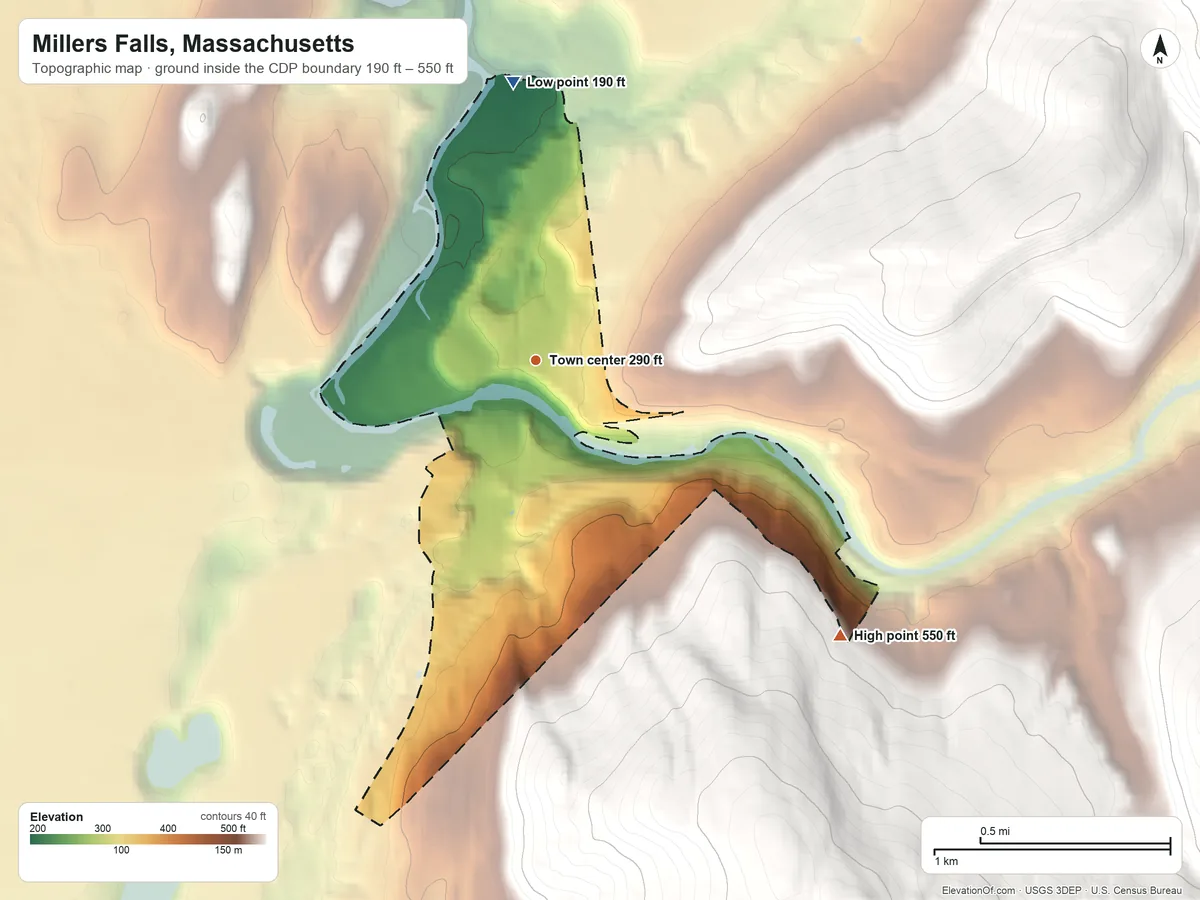 Topographic elevation map of Millers Falls, Massachusetts, shaded from 190 ft on the north side to 550 ft at the foot of the Catamount Hills