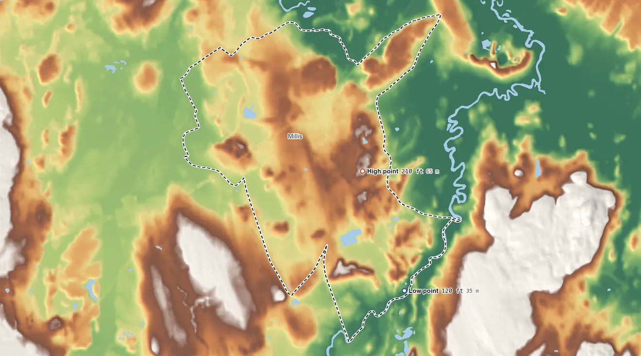 Topographic elevation map of Millis-Clicquot, Massachusetts, shaded from 120 ft on the southeast side to 210 ft on the southeast side