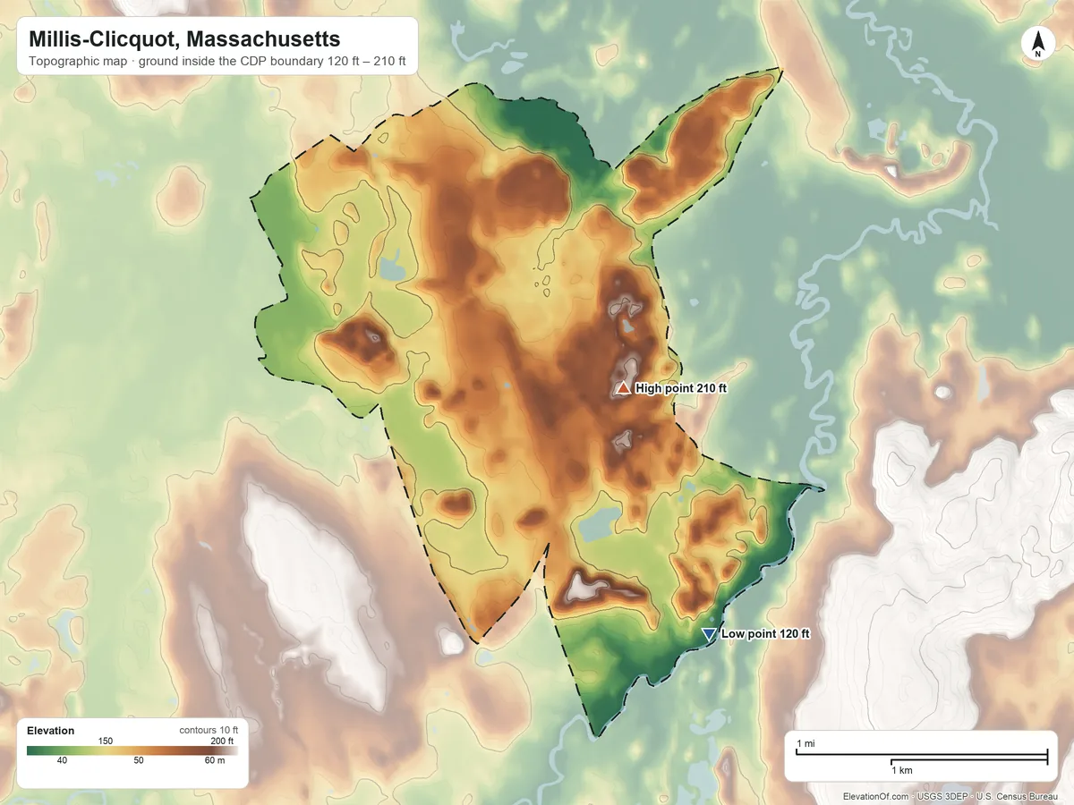 Topographic elevation map of Millis-Clicquot, Massachusetts, shaded from 120 ft on the southeast side to 210 ft on the southeast side