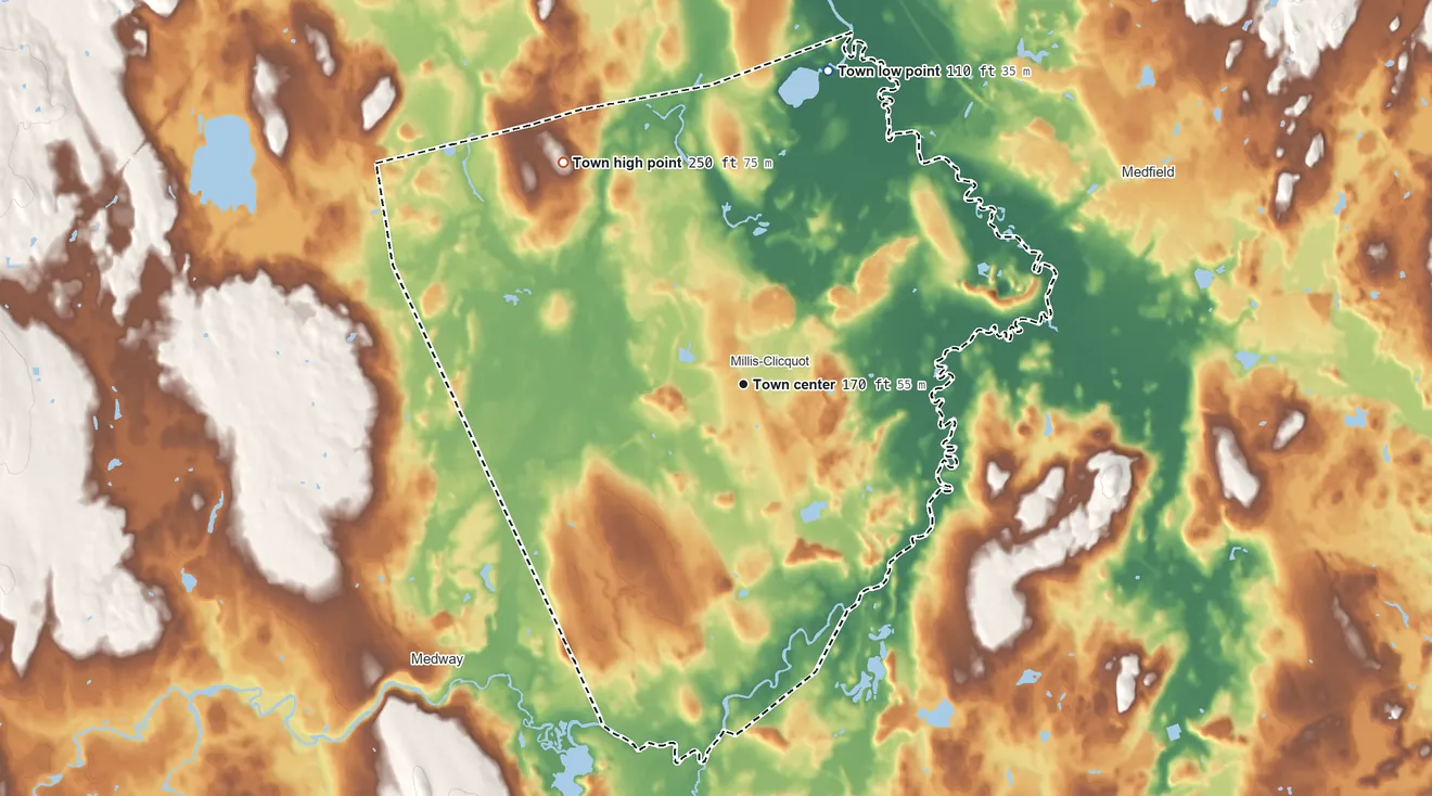 Topographic elevation map of Millis, Massachusetts, shaded from 110 ft on the north side to 250 ft on the northwest side