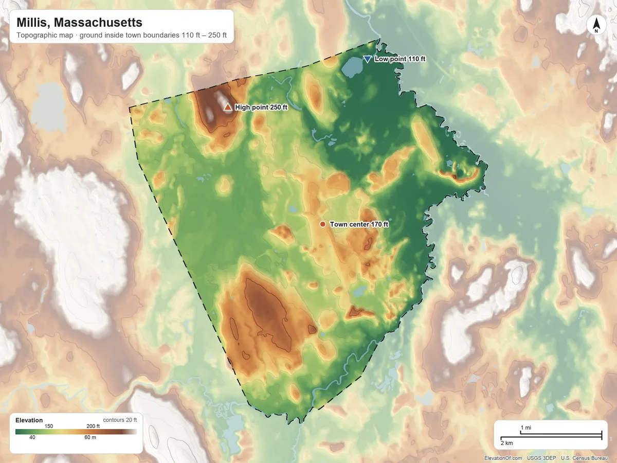 Topographic elevation map of Millis, Massachusetts, shaded from 110 ft on the north side to 250 ft on the northwest side