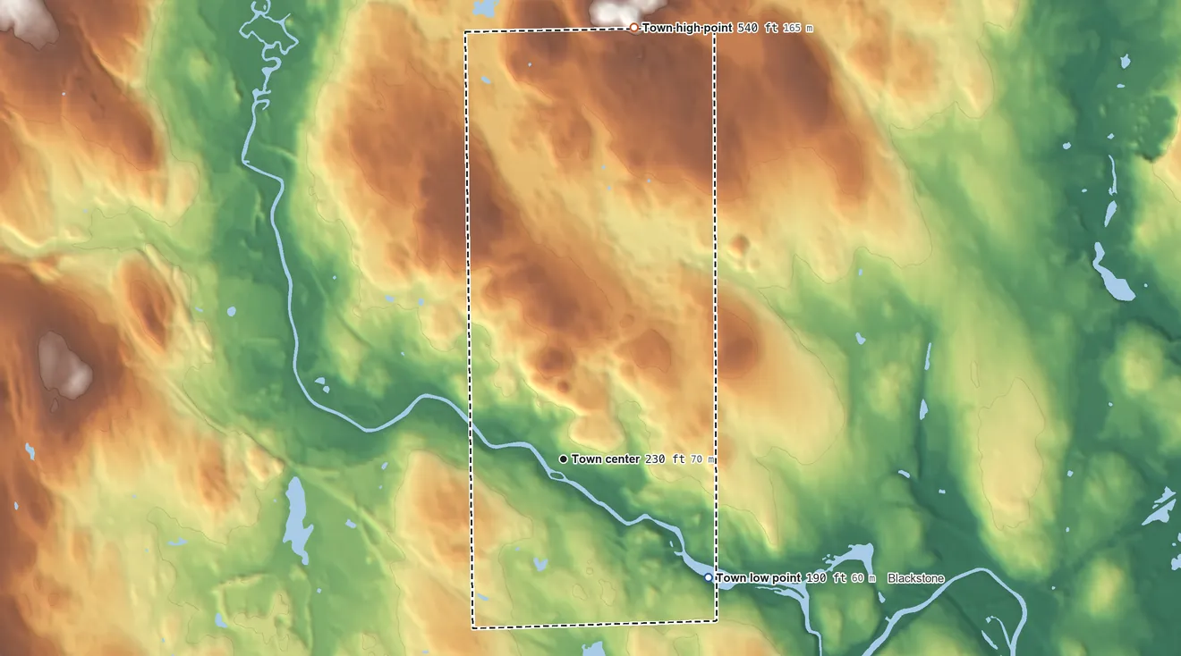 Topographic elevation map of Millville, Massachusetts, shaded from 190 ft on the southeast side to 540 ft on the north edge, below higher ground just outside