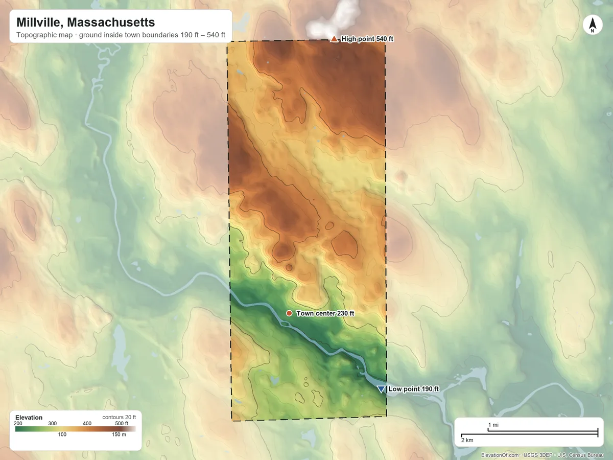 Topographic elevation map of Millville, Massachusetts, shaded from 190 ft on the southeast side to 540 ft on the north edge, below higher ground just outside