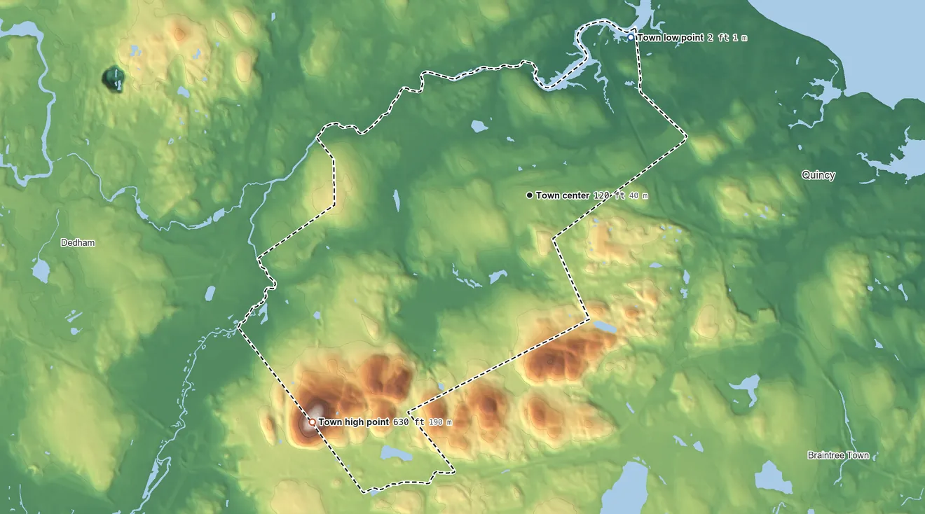 Topographic elevation map of Milton, Massachusetts, shaded from 2 ft on the northeast side to 630 ft on Great Blue Hill