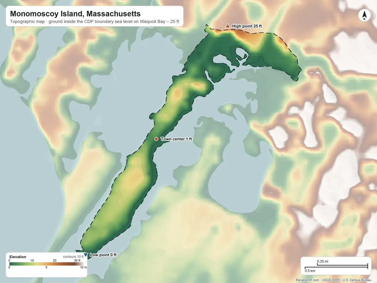 Topographic elevation map of Monomoscoy Island, Massachusetts, shaded from sea level level on Waquoit Bay to 25 ft on the northeast side