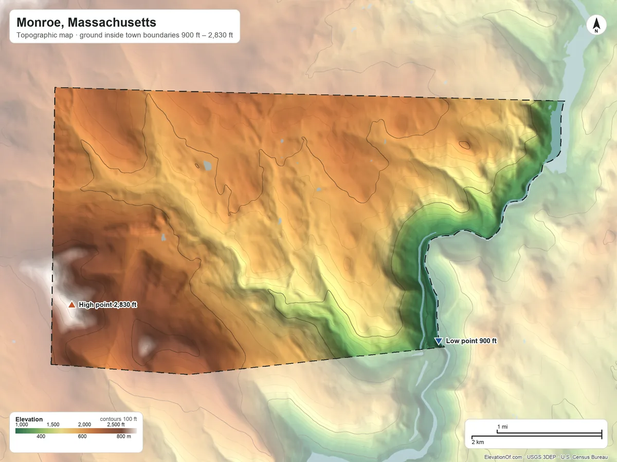 Topographic elevation map of Monroe, Massachusetts, shaded from 900 ft on the south side to 2,830 ft on Crum Hill