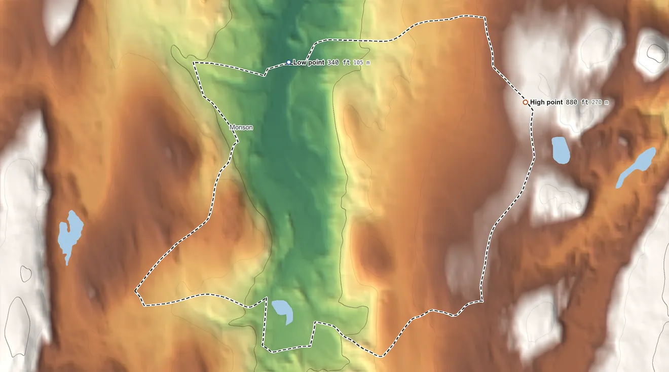 Topographic elevation map of Monson Center, Massachusetts, shaded from 340 ft on the north side to 880 ft on the east side
