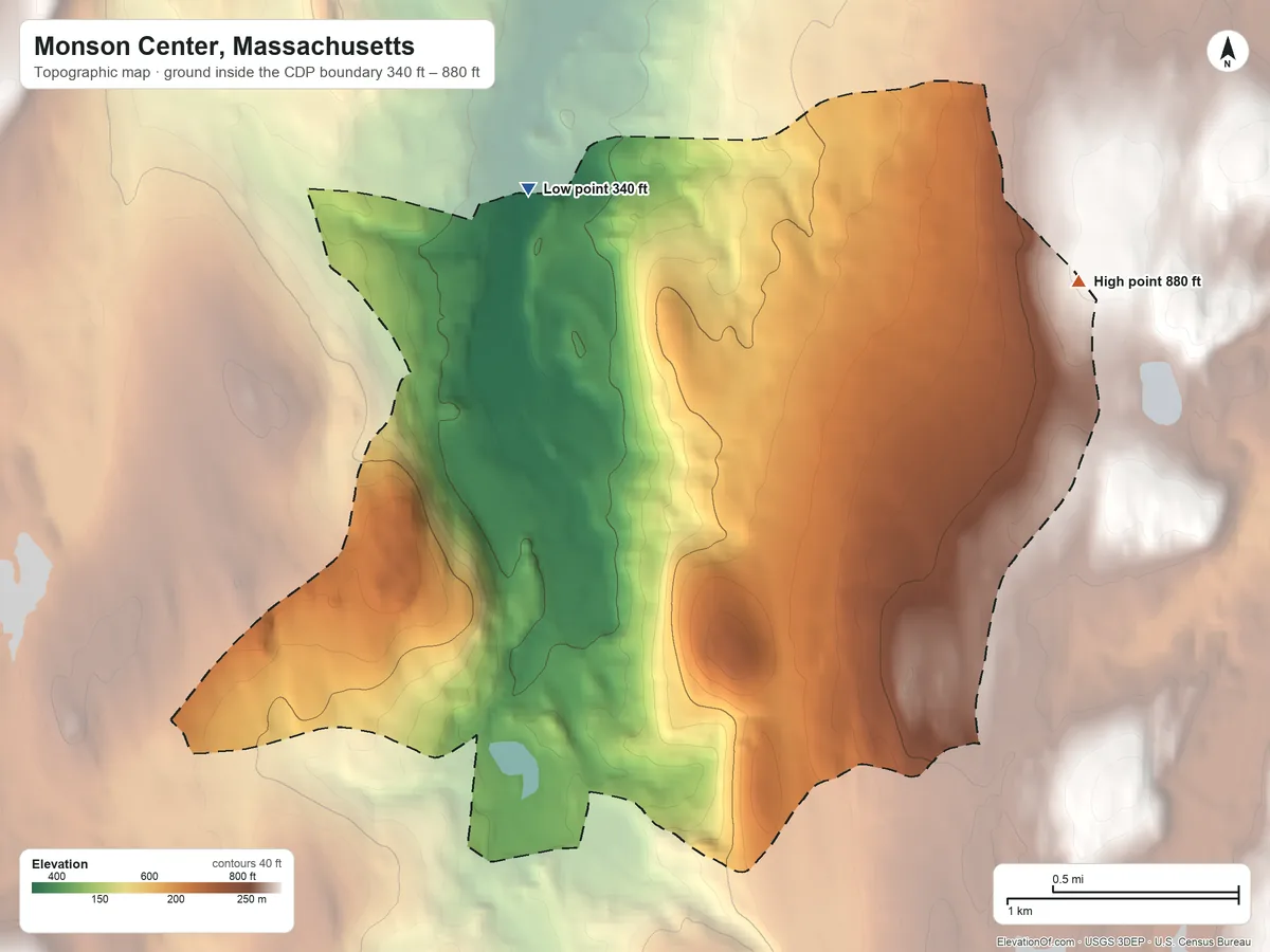 Topographic elevation map of Monson Center, Massachusetts, shaded from 340 ft on the north side to 880 ft on the east side