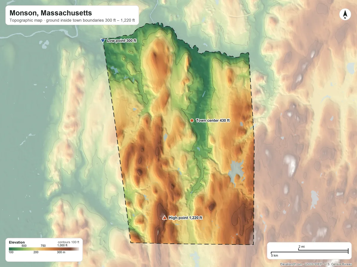 Topographic elevation map of Monson, Massachusetts, shaded from 300 ft on the northwest side to 1,220 ft on Peaked Mountain