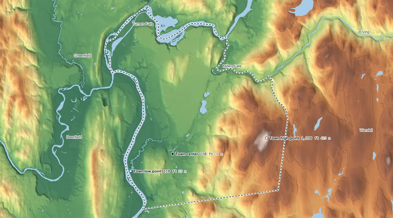Topographic elevation map of Montague, Massachusetts, shaded from 110 ft on the west side to 1,390 ft on Dry Hill
