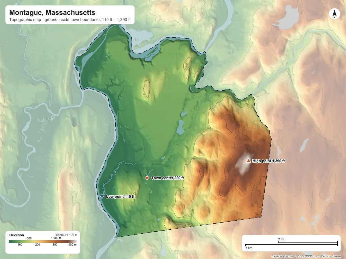 Topographic elevation map of Montague, Massachusetts, shaded from 110 ft on the west side to 1,390 ft on Dry Hill