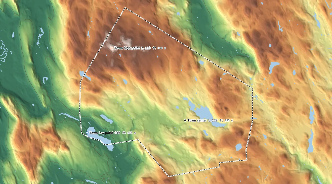 Topographic elevation map of Monterey, Massachusetts, shaded from 910 ft on the west side to 2,110 ft on Mount Wilcox