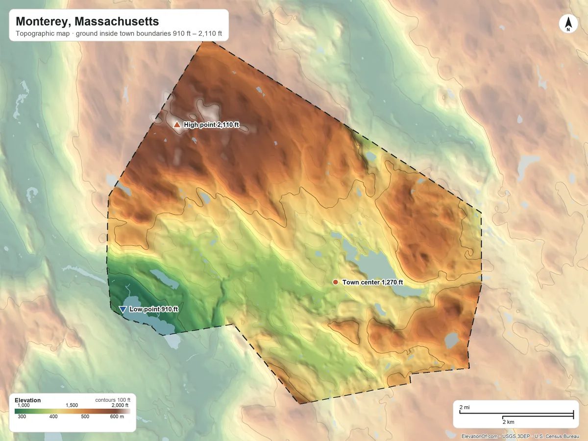 Topographic elevation map of Monterey, Massachusetts, shaded from 910 ft on the west side to 2,110 ft on Mount Wilcox