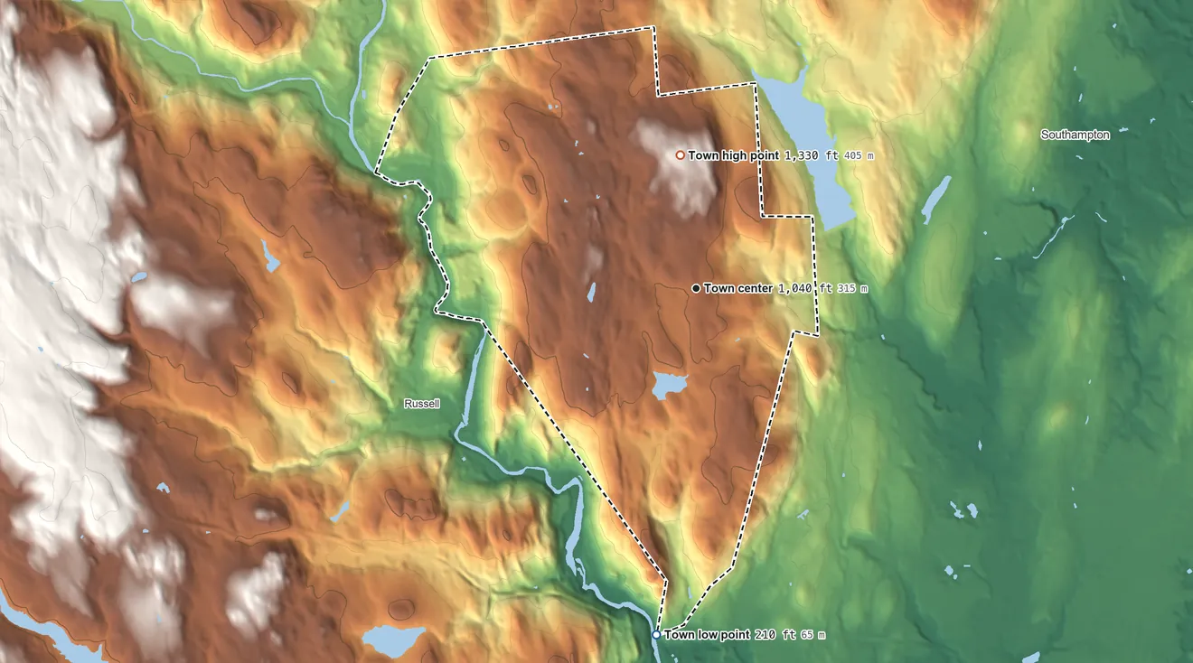 Topographic elevation map of Montgomery, Massachusetts, shaded from 210 ft on the south side to 1,330 ft on Bungy Mountain