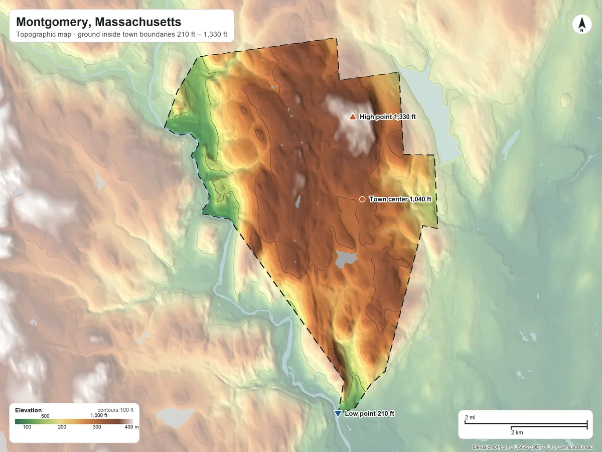 Topographic elevation map of Montgomery, Massachusetts, shaded from 210 ft on the south side to 1,330 ft on Bungy Mountain