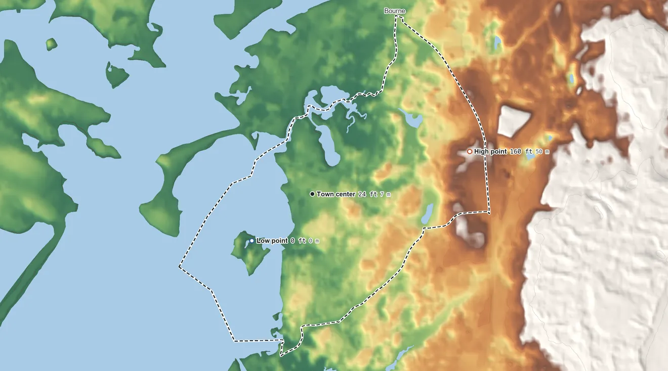 Topographic elevation map of Monument Beach, Massachusetts, shaded from sea level level on Phinneys Harbor to 160 ft on the east side
