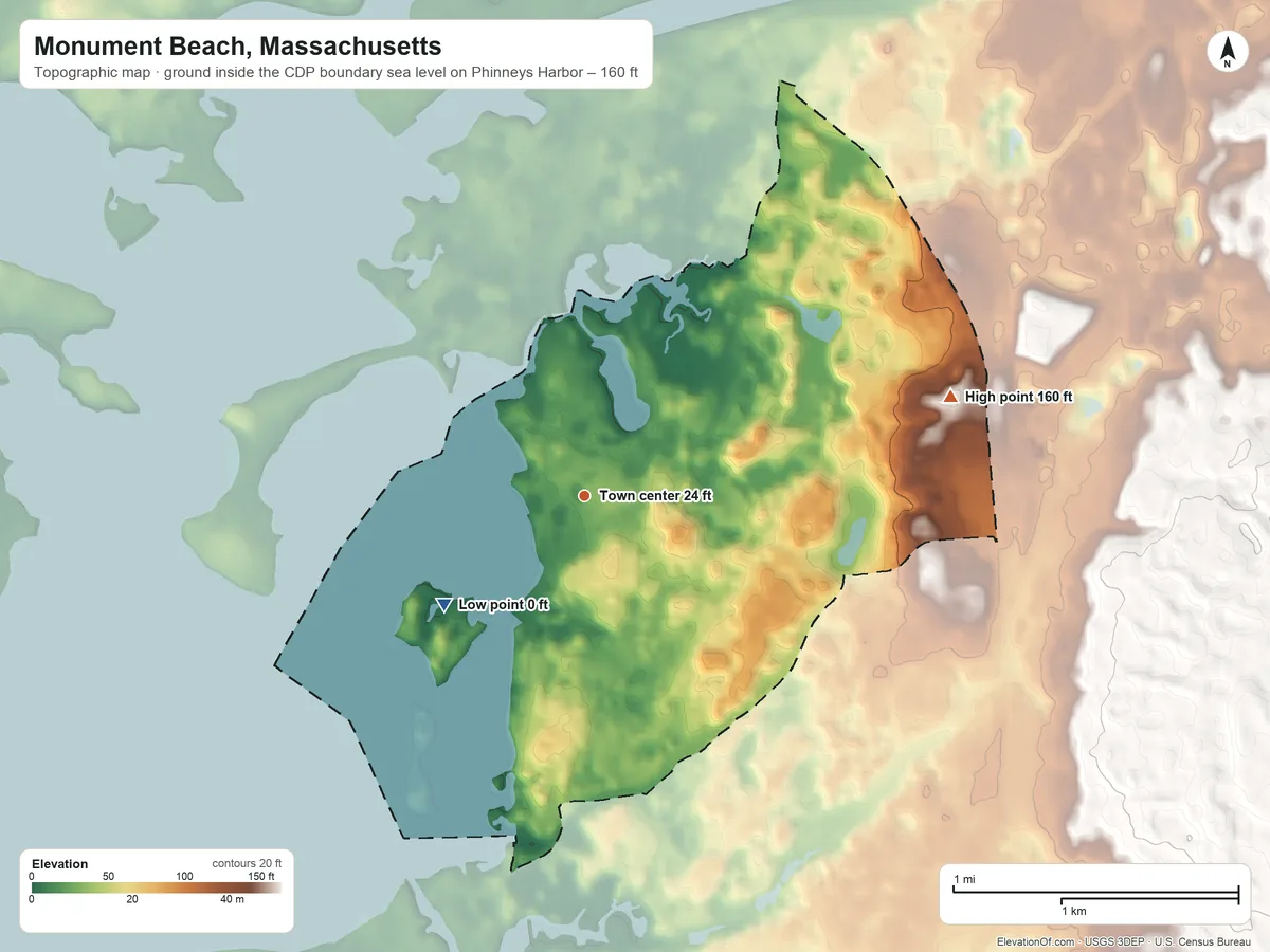 Topographic elevation map of Monument Beach, Massachusetts, shaded from sea level level on Phinneys Harbor to 160 ft on the east side