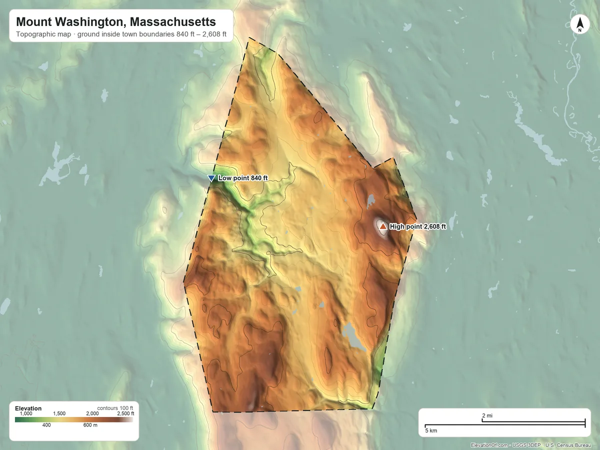 Topographic elevation map of Mount Washington, Massachusetts, shaded from 840 ft on the northwest side to 2,608 ft on Mount Everett