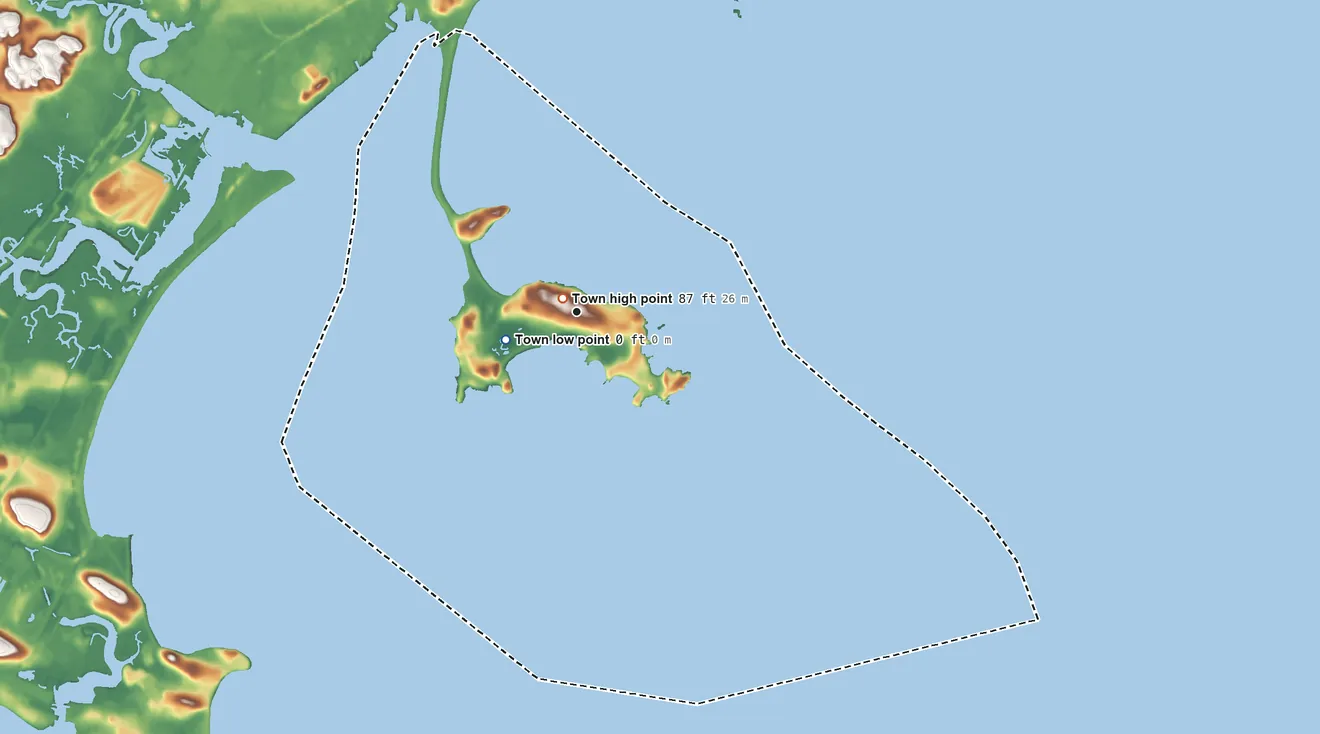 Topographic elevation map of Nahant, Massachusetts, shaded from sea level level on Massachusetts Bay to 87 ft near the middle