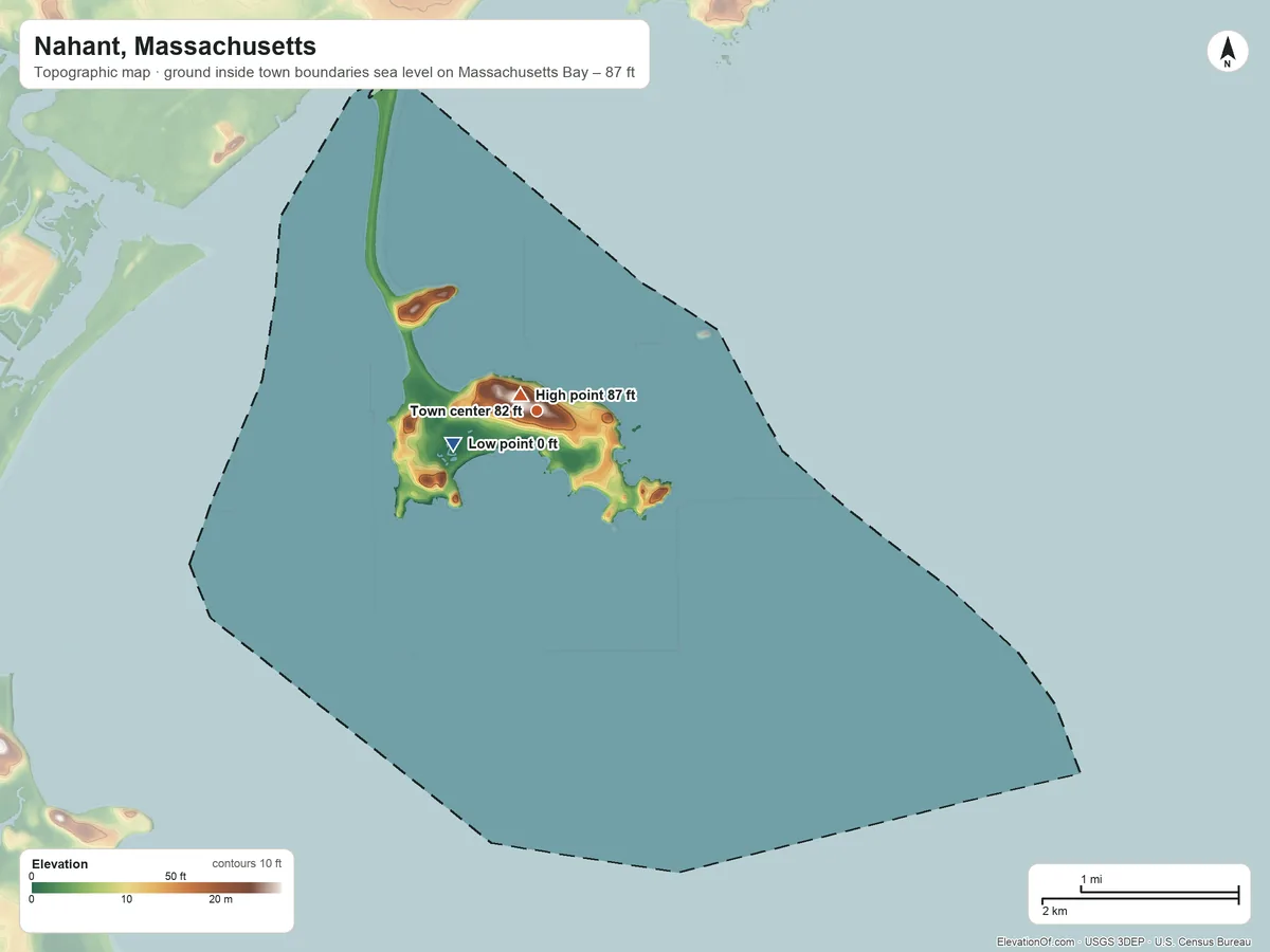 Topographic elevation map of Nahant, Massachusetts, shaded from sea level level on Massachusetts Bay to 87 ft near the middle