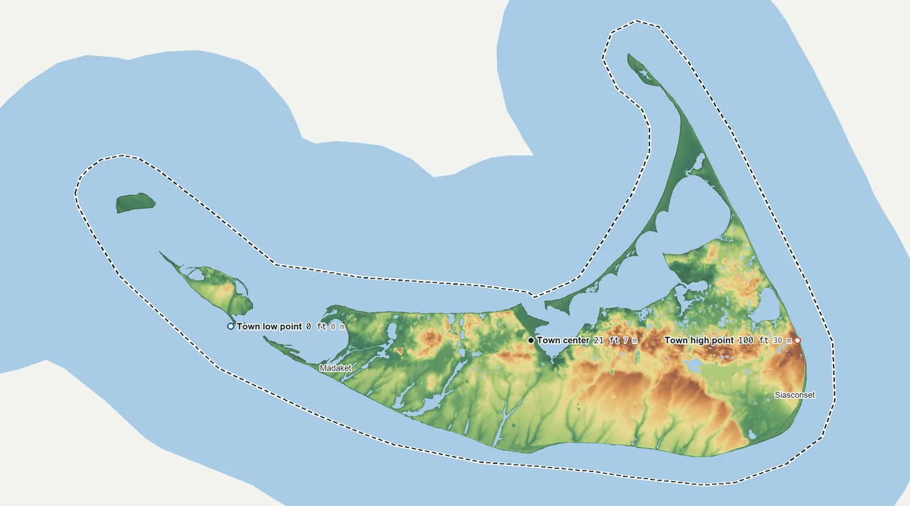 Topographic elevation map of Nantucket, Massachusetts, shaded from sea level level on the Atlantic Ocean to 100 ft on the east side