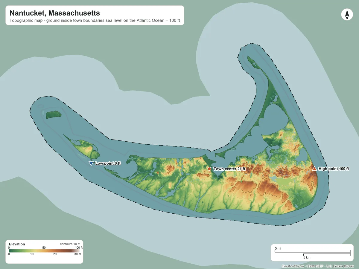 Topographic elevation map of Nantucket, Massachusetts, shaded from sea level level on the Atlantic Ocean to 100 ft on the east side