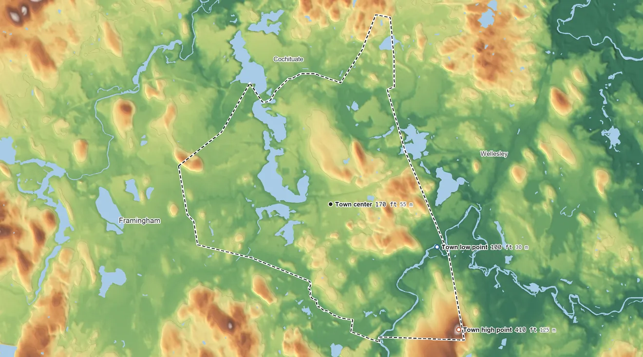 Topographic elevation map of Natick, Massachusetts, shaded from 100 ft on the east side to 410 ft on Pegan Hill