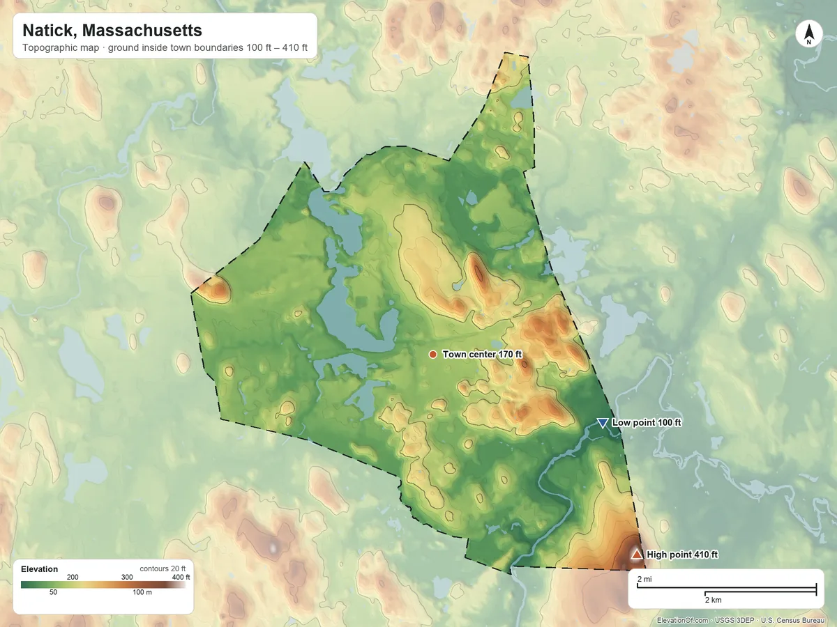 Topographic elevation map of Natick, Massachusetts, shaded from 100 ft on the east side to 410 ft on Pegan Hill