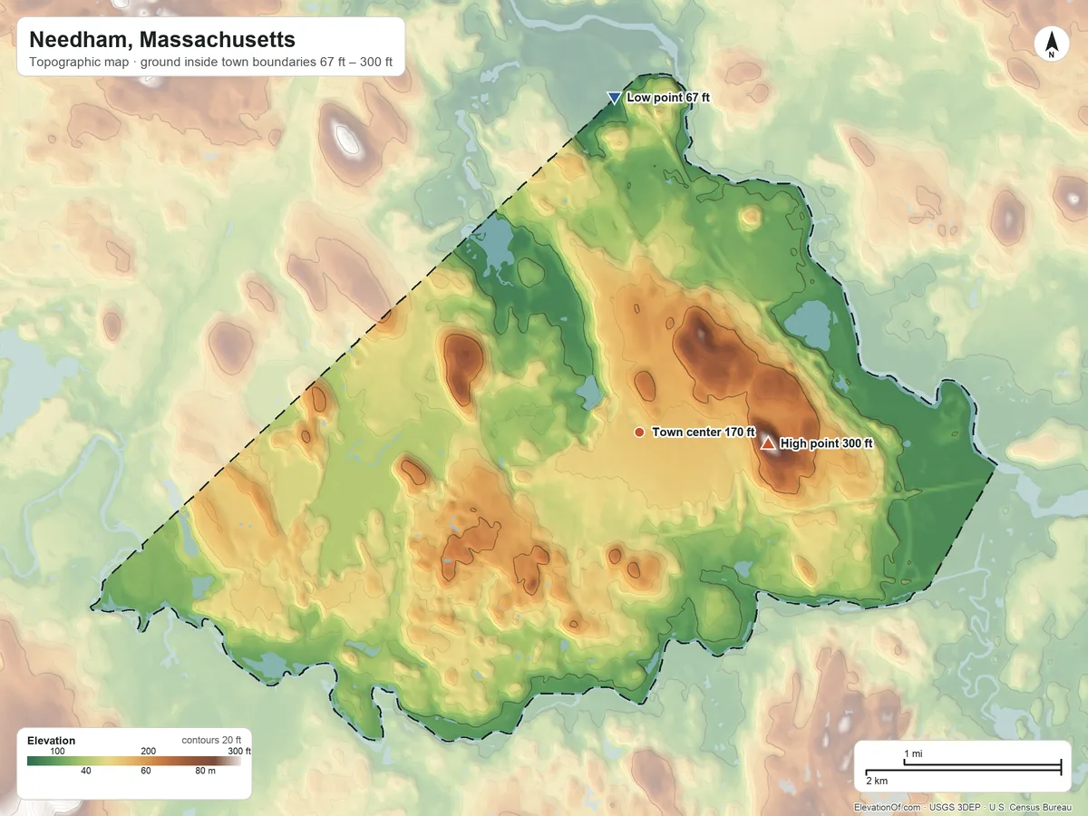 Topographic elevation map of Needham, Massachusetts, shaded from 67 ft on the north side to 300 ft on Birds Hill