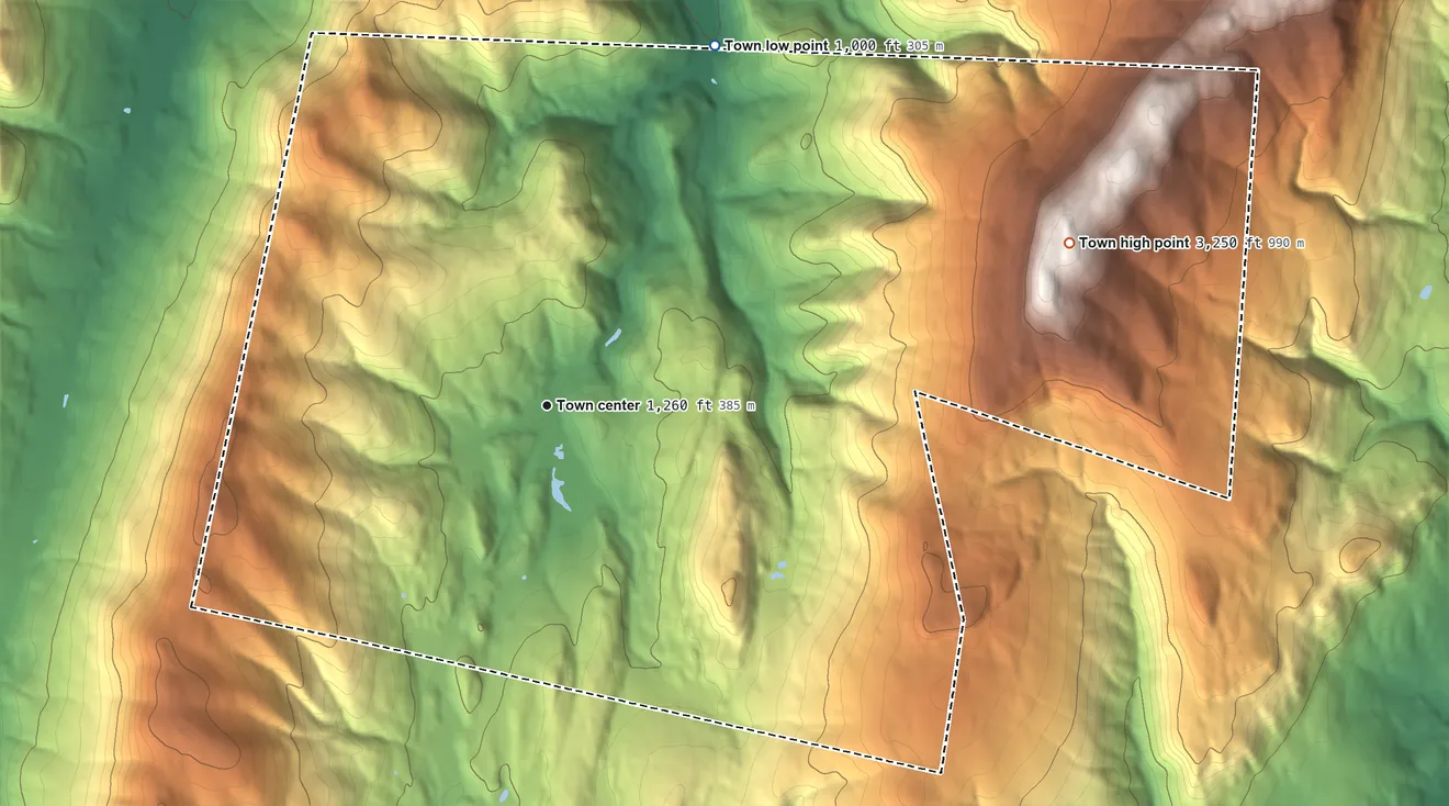 Topographic elevation map of New Ashford, Massachusetts, shaded from 1,000 ft on the northeast side to 3,250 ft on Saddle Ball Mountain