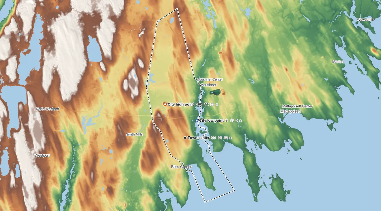 Topographic elevation map of New Bedford, Massachusetts, shaded from 0 ft near the middle to 190 ft on the northwest side