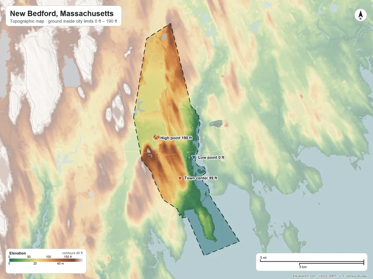 Topographic elevation map of New Bedford, Massachusetts, shaded from 0 ft near the middle to 190 ft on the northwest side