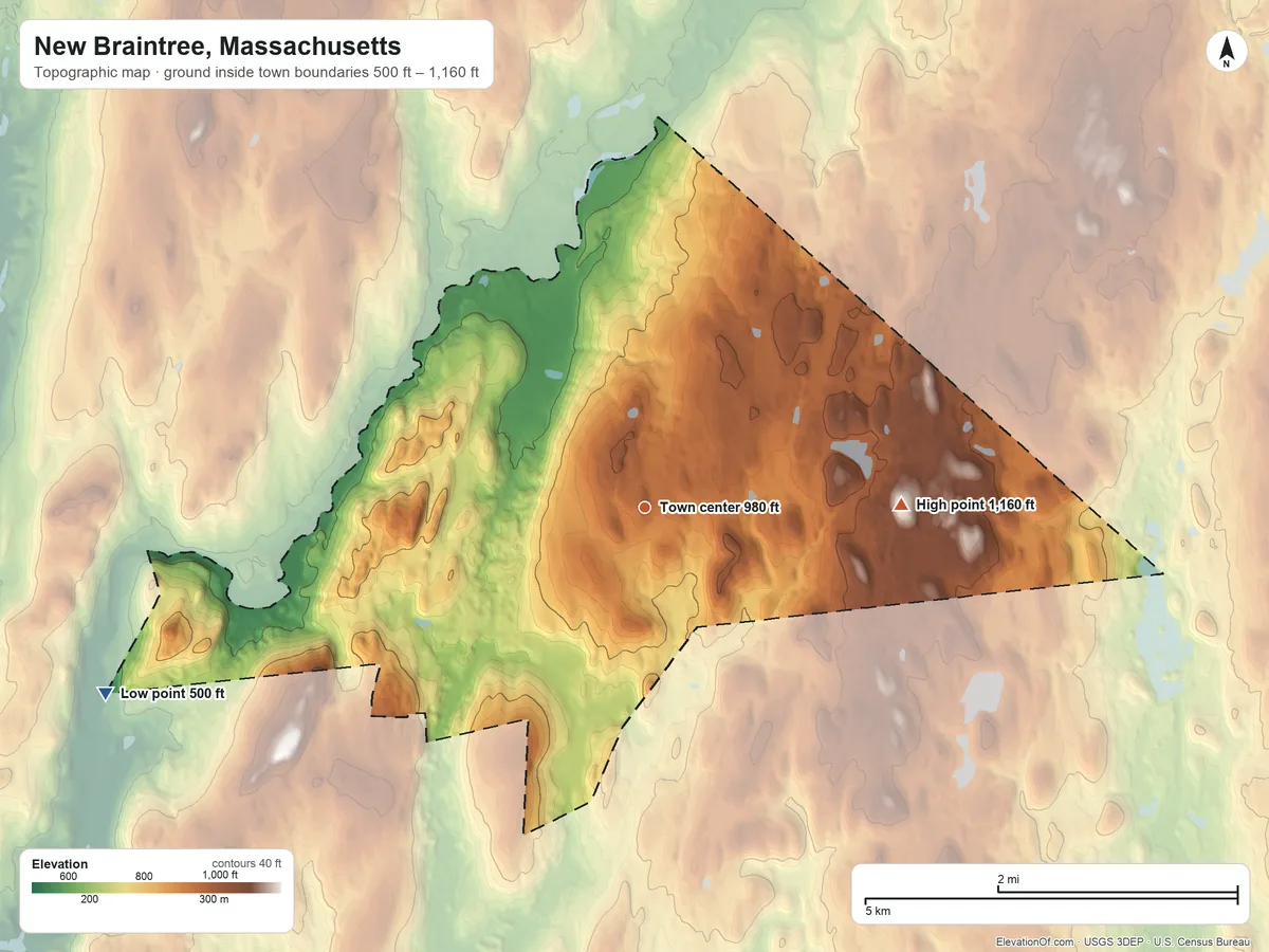Topographic elevation map of New Braintree, Massachusetts, shaded from 500 ft on the west side to 1,160 ft on Tufts Hill