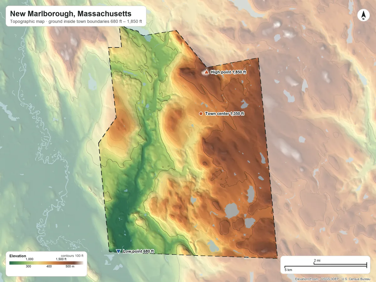 Topographic elevation map of New Marlborough, Massachusetts, shaded from 680 ft on the southwest side to 1,850 ft on the north side