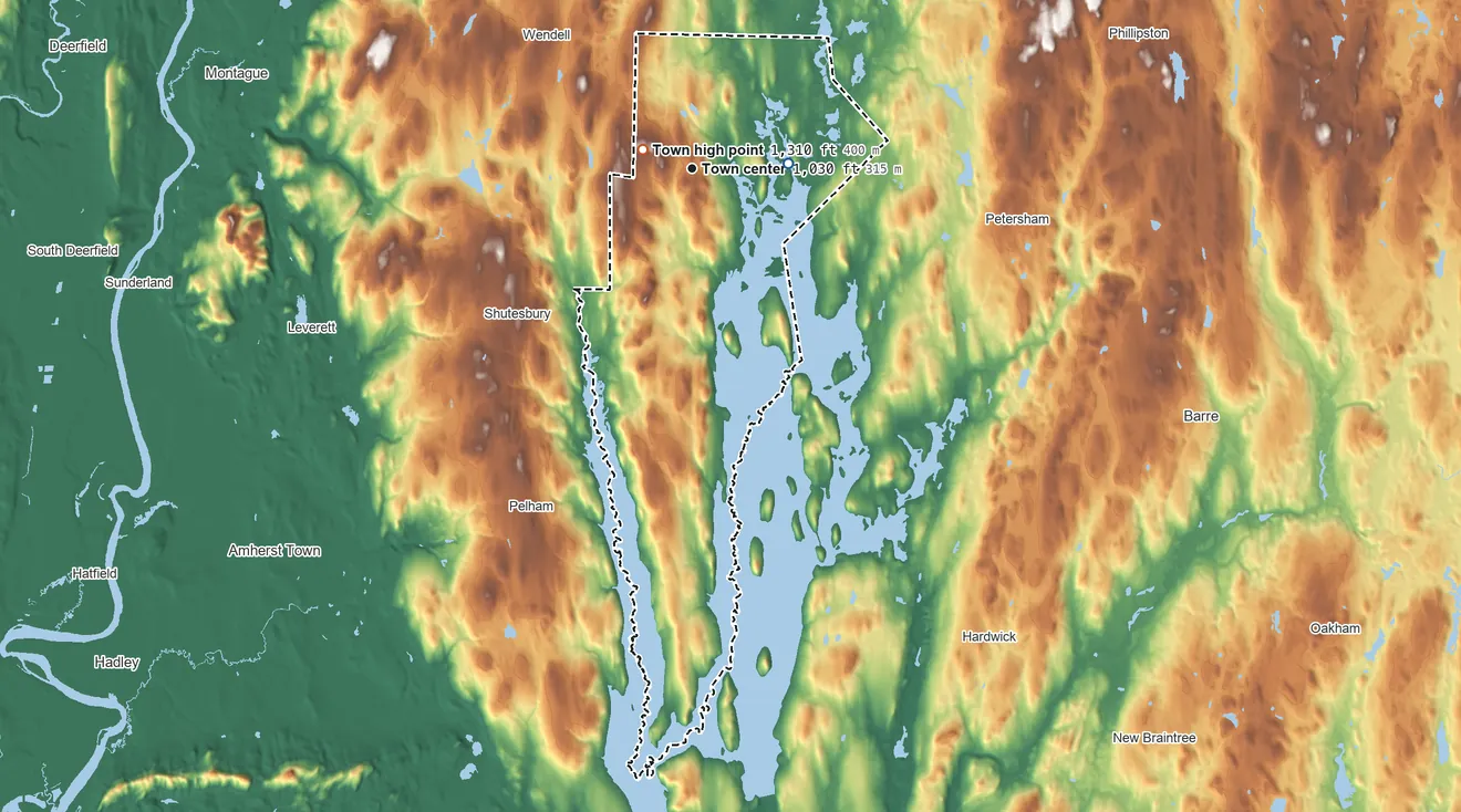 Topographic elevation map of New Salem, Massachusetts, shaded from 520 ft on the east side to 1,305 ft on Poor Farm Hill