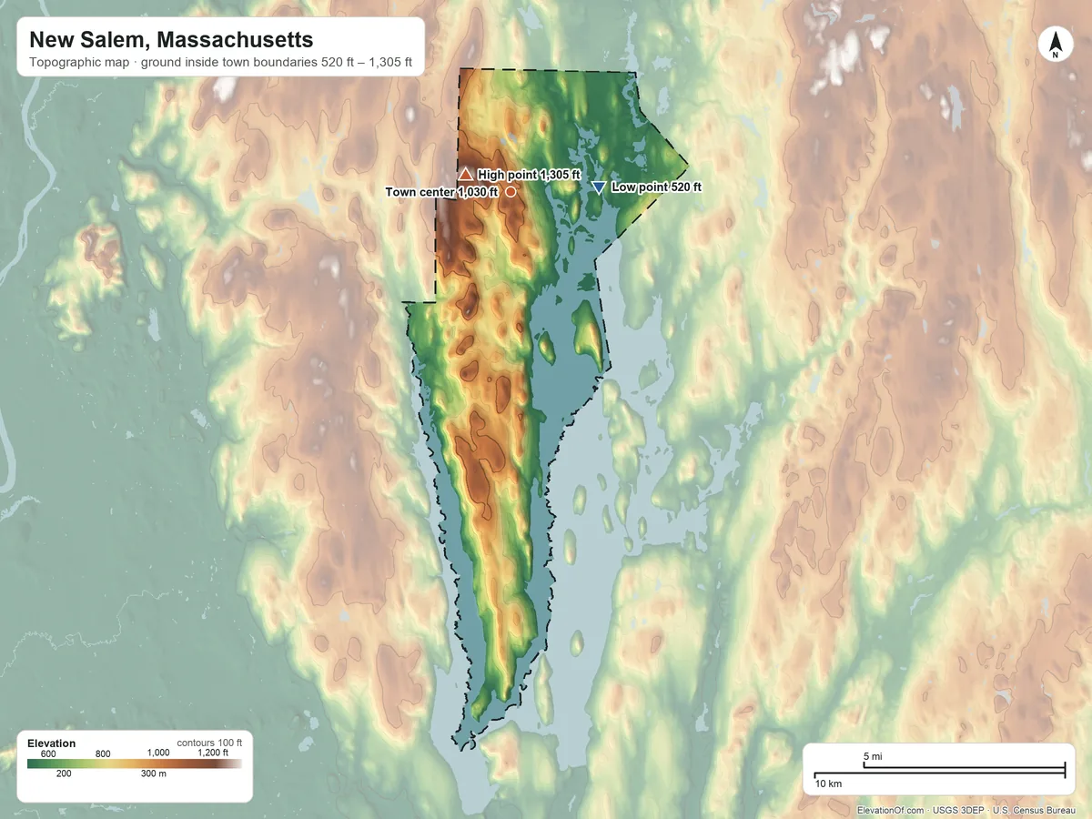 Topographic elevation map of New Salem, Massachusetts, shaded from 520 ft on the east side to 1,305 ft on Poor Farm Hill
