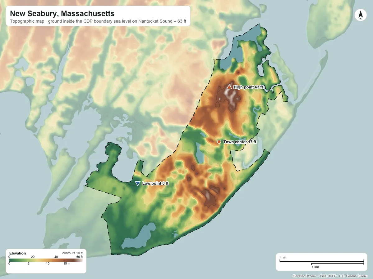 Topographic elevation map of New Seabury, Massachusetts, shaded from sea level level on Nantucket Sound to 63 ft on the north side