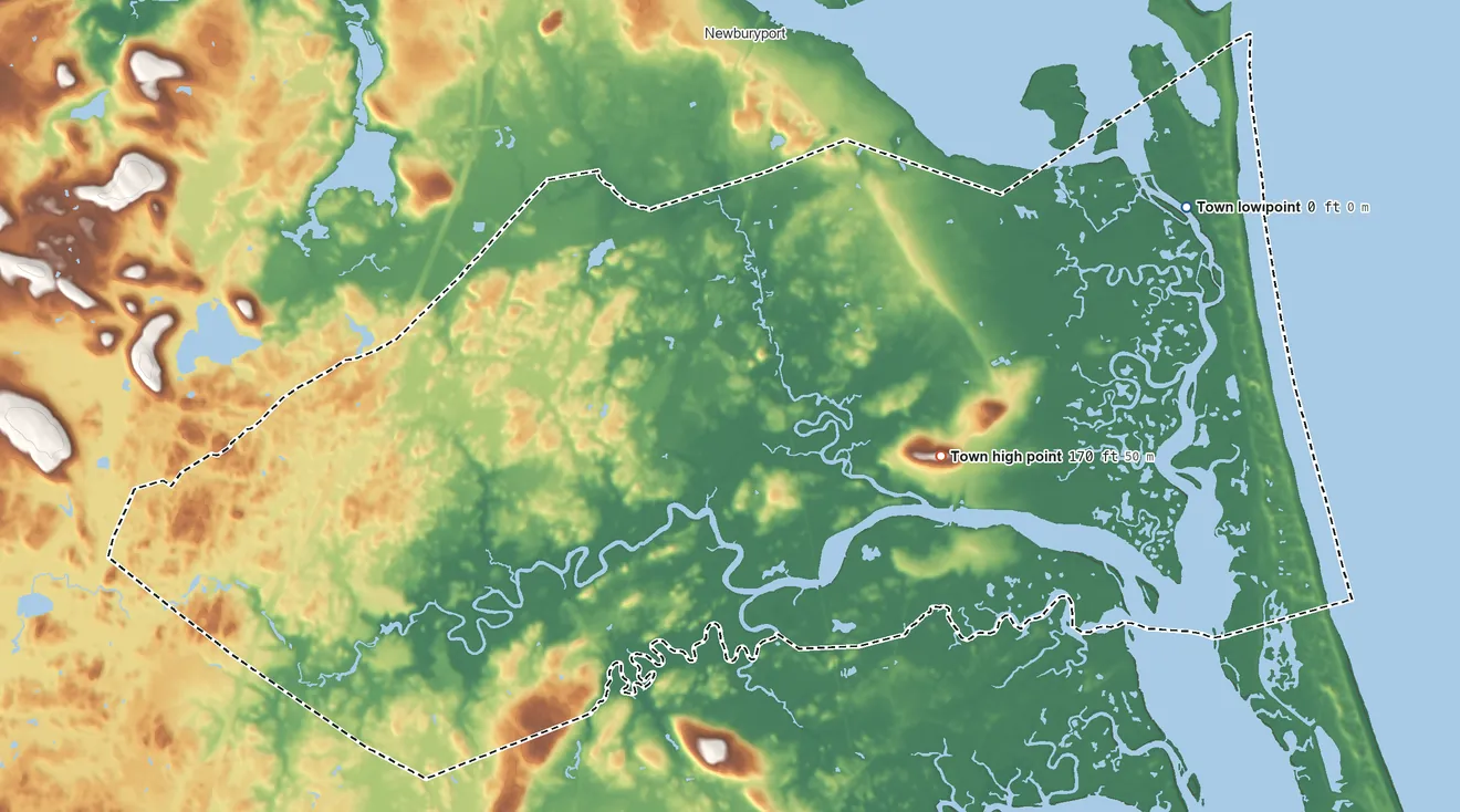Topographic elevation map of Newbury, Massachusetts, shaded from sea level level on the Atlantic Ocean to 170 ft on Old Town Hill