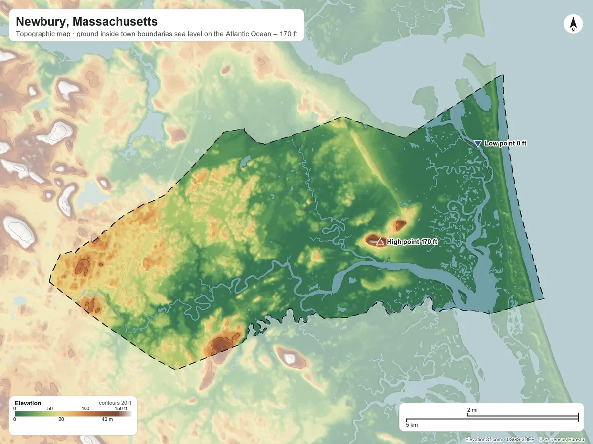 Topographic elevation map of Newbury, Massachusetts, shaded from sea level level on the Atlantic Ocean to 170 ft on Old Town Hill