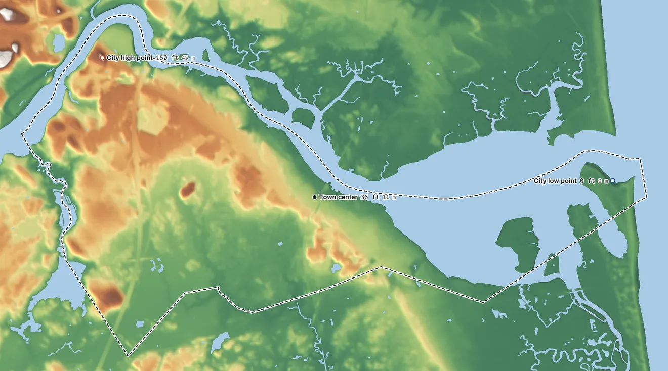 Topographic elevation map of Newburyport, Massachusetts, shaded from sea level level on the Atlantic Ocean to 150 ft on the northwest side