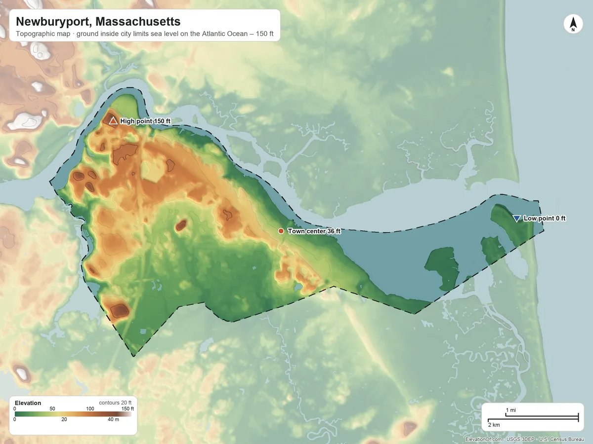 Topographic elevation map of Newburyport, Massachusetts, shaded from sea level level on the Atlantic Ocean to 150 ft on the northwest side