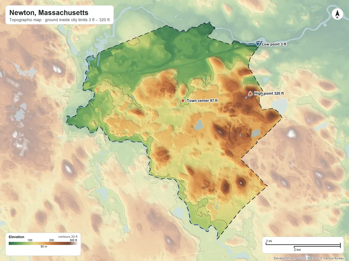 Topographic elevation map of Newton, Massachusetts, shaded from 3 ft on the northeast side to 320 ft on Waban Hill