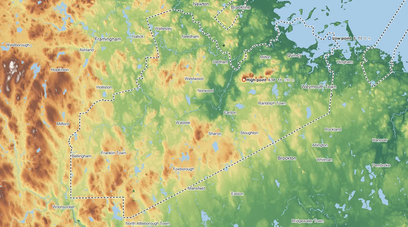 Topographic elevation map of Norfolk County, Massachusetts, shaded from sea level on Hingham Bay to 630 ft on Great Blue Hill