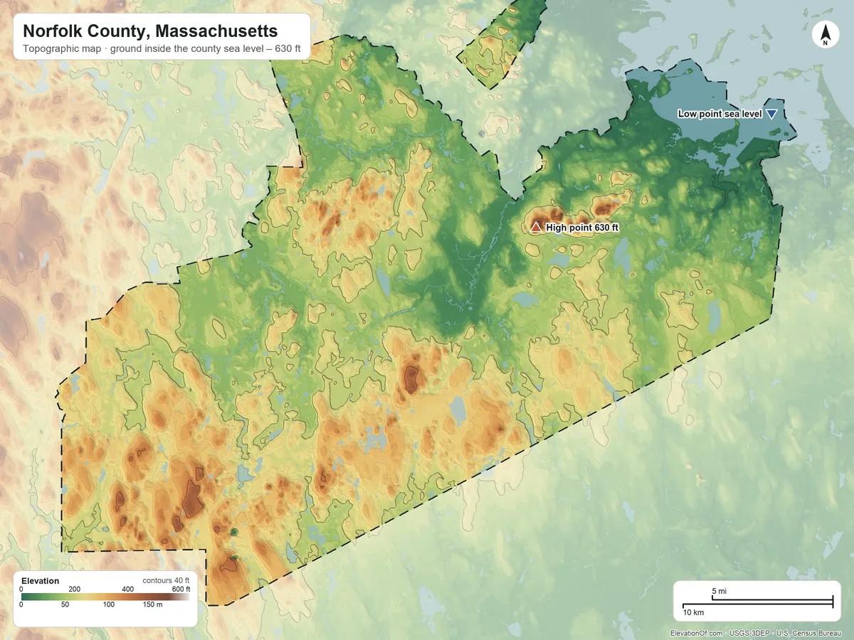 Topographic elevation map of Norfolk County, Massachusetts, shaded from sea level on Hingham Bay to 630 ft on Great Blue Hill